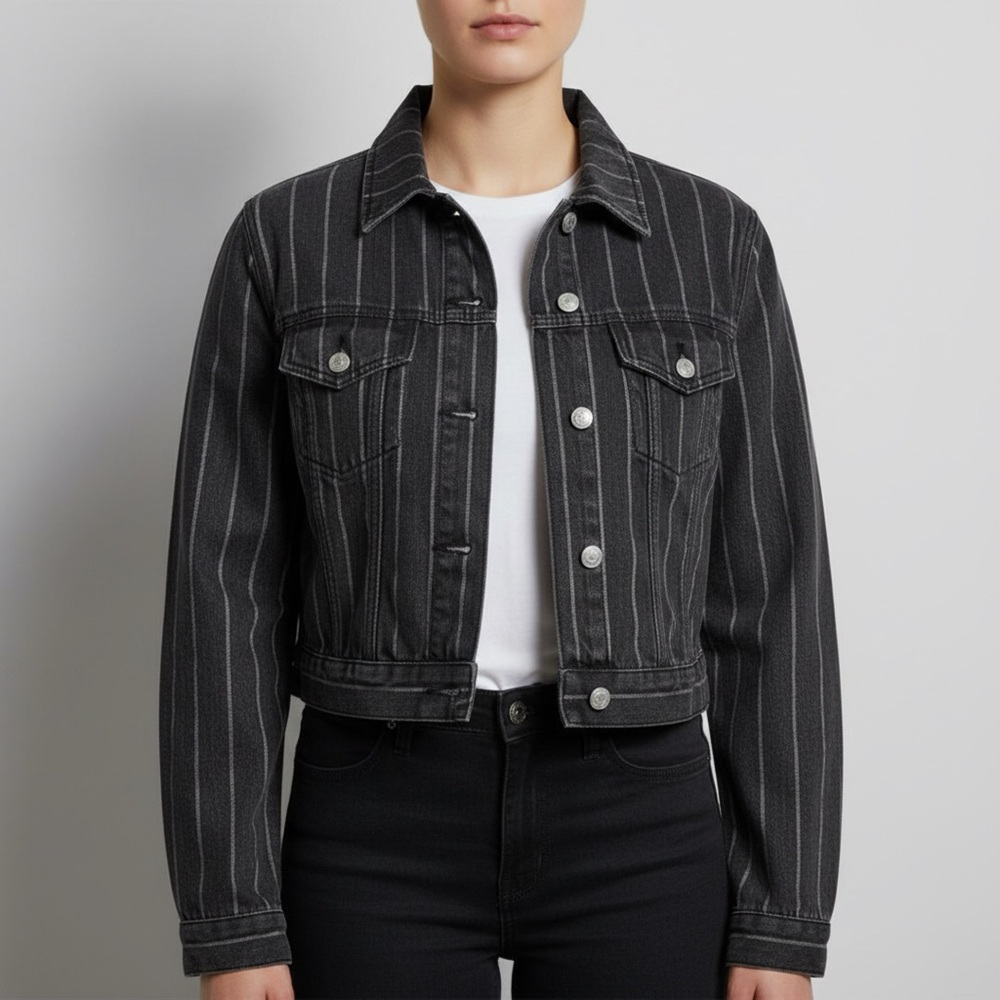 PACSUN | Black Pinstriped Cropped Denim Jean Jacket Sz XS/S